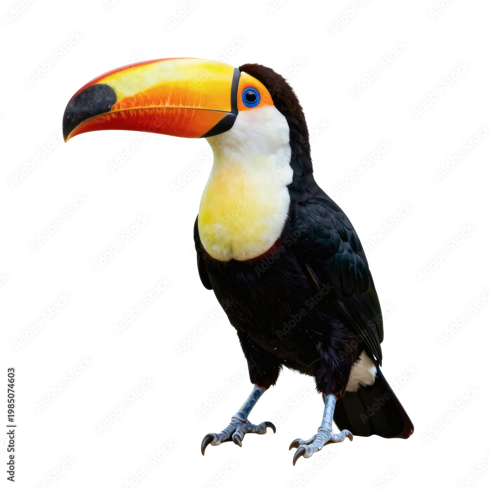 Fototapeta premium Colorful toucan stands alert with a bright, large beak on a white background