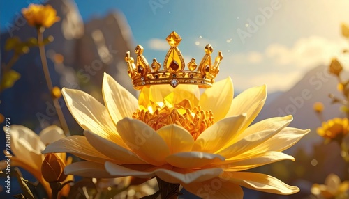 Golden crown rests atop a bright yellow flower with mountain background