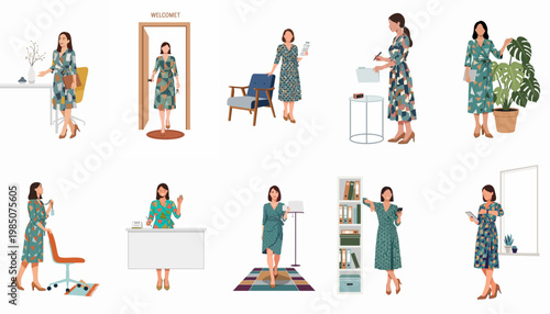 Set of flat vector illustrations depicting a professional woman in various office scenes, including working, holding a resume, and entering a room.