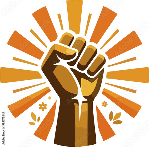 Raised Fist Symbol with Sunburst Rays, Empowerment and Protest Illustration
