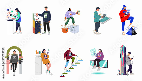 A collection of modern flat illustrations depicting people interacting with futuristic technology, blockchain, NFTs, virtual reality, and the digital metaverse ecosystem.