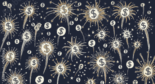 Dollar sign fireworks on dark background with gold sparks