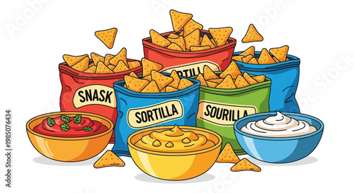Assorted Tortilla Chip Bags and Dips for Party Snack Time