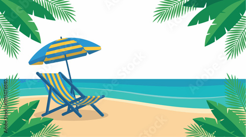 A serene beach scene with a blue and yellow lounge chair and umbrella