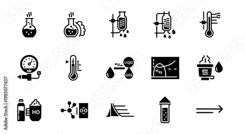 Science, laboratory, chemistry icons, 20 black vector symbols, lab equipment, chemistry lab, educational illustrations