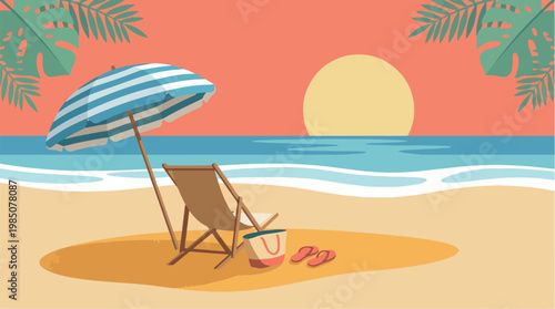 A serene beach scene with a chair, umbrella, and palm trees at sunset