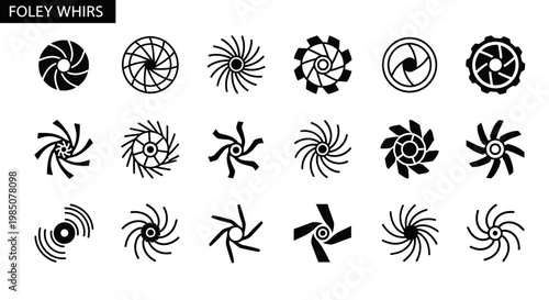 Foley whirl icons, 20 black graphic elements, spinning shapes, decorative swirls, vector set