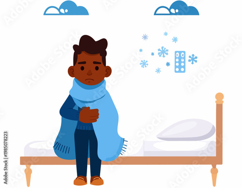 Sick Child Standing with Blanket and Mug.