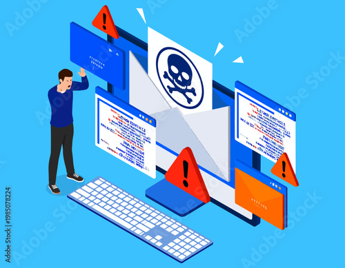 Man Looking at Virus Infected Computer Screens.