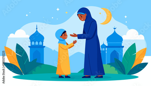 Mother and Child in Islamic Clothing Standing Together.