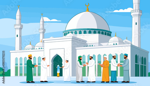 Men Standing Outside Mosque Building Illustration.