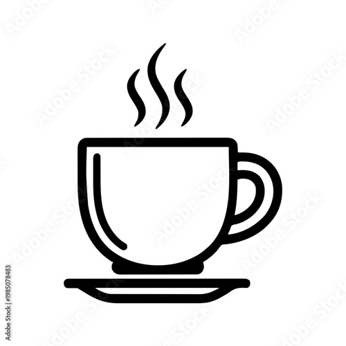 A minimalist vector graphic of a steaming hot cup of coffee on a saucer on transparent background