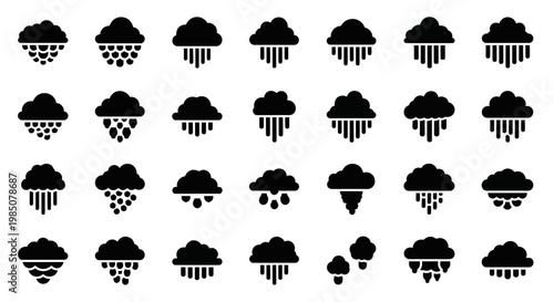 Weather icons, rain cloud symbols, black silhouette set, 28 vector graphics, precipitation signs