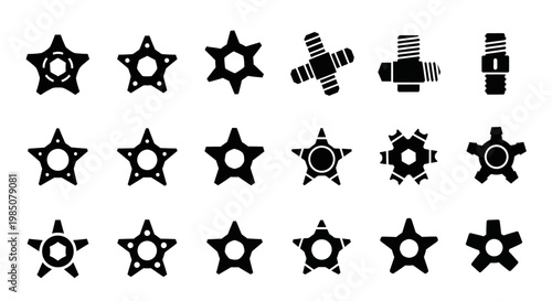 Black star, gear, and mechanical icons set, 20 industrial symbols, vector graphics, industrial, mechanical, starburst, gearwheel shapes
