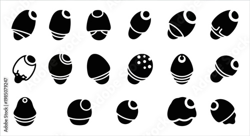 Black, monochrome bowling pins, icons, set of 20, vector graphics, sports symbols, bowling illustrations, isolated on white