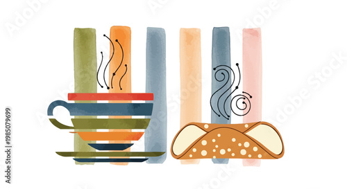 Italian Cannoli and Espresso Coffee Illustration, Watercolor Abstract Cafe Art