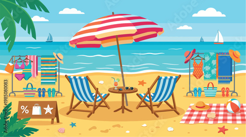 A vibrant beach scene with colorful beach chairs, umbrella, and accessories on a sunny day