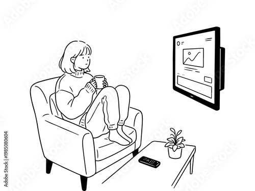A minimalist line art illustration of a young woman sitting comfortably in an armchair at home, holding a mug and watching a screen.