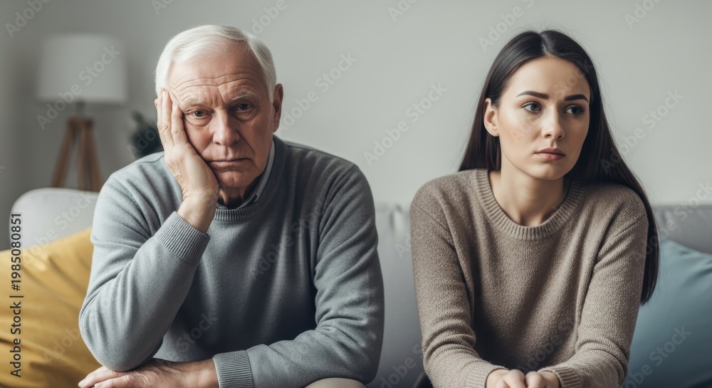 Obraz premium Senior man and young woman sit together on a sofa looking unhappy and distant.
