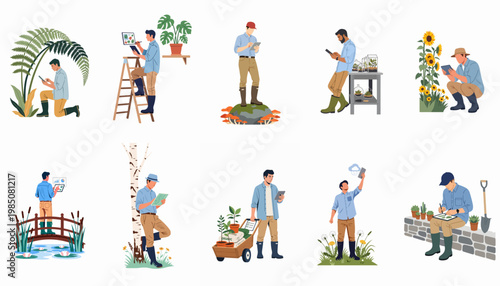 Collection of male farmers and ecologists using digital tablets and smartphones for smart agriculture and ecological monitoring in various outdoor settings.