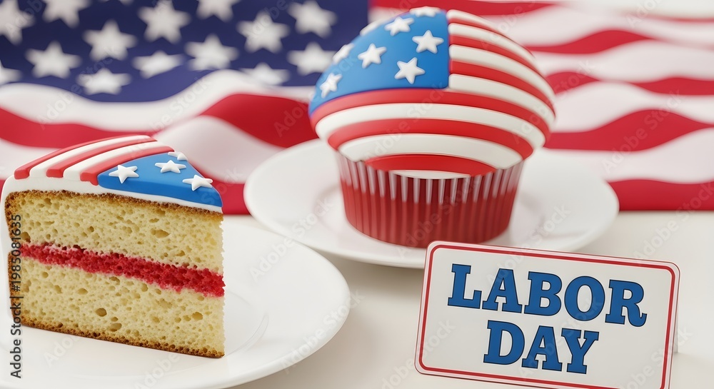 Obraz premium Festive labor day cupcakes and cake with american flag backdrop