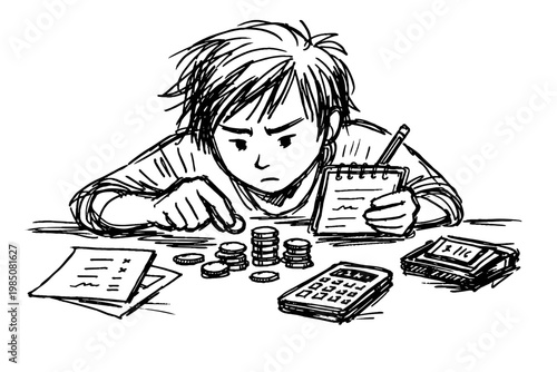 Person careful coin icon sketch carefully messy counting vector minimal monochrome doodle