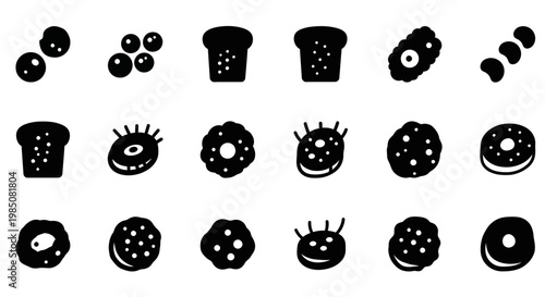 Black donut, pastry, and bread icons set, 20 vector graphics, food symbols, bakery illustrations