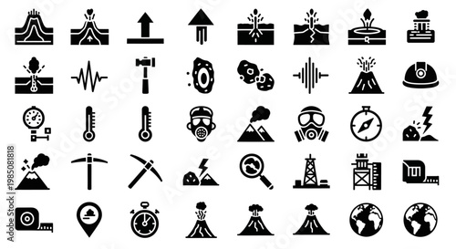 Volcano, geology, science, icon set, 40 black vector symbols, natural disaster, earth science, geology icons, eruption