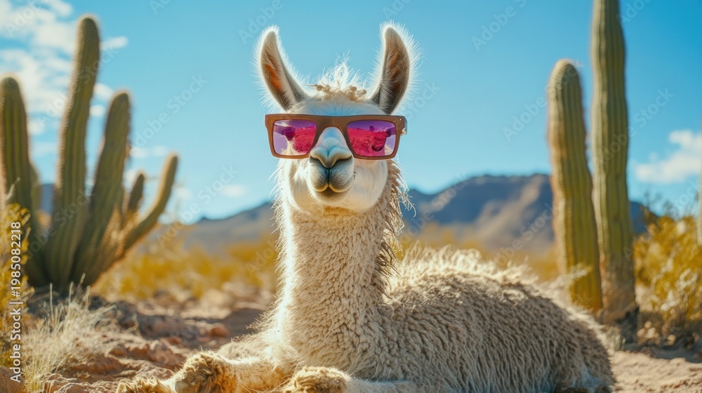 Fototapeta premium Playful llama wearing sunglasses, lounging in desert landscape with cacti and mountains