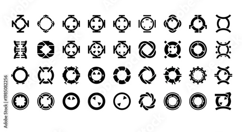 Gear icons set, mechanical symbols collection, 40 black gearwheel shapes, industrial design elements, vector graphics