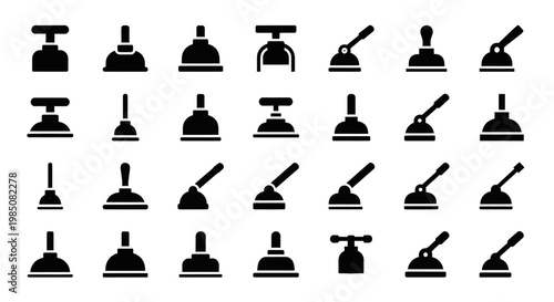 Black cleaning tool icons, janitorial equipment symbols, 25 mop and broom graphics, cleaning supplies illustrations, vector icons set