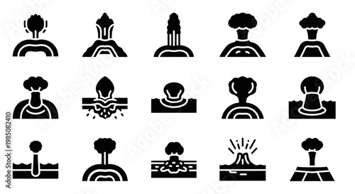 Black icons of volcanoes, volcanic eruptions, lava flows, geological formations, 16 vector graphics