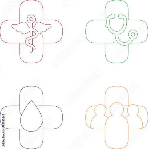 A clean and minimal collection of medical outline logos featuring hospital cross symbols with caduceus, stethoscope, blood drop, and medical team icons. Perfect for healthcare services, clinics, hospi