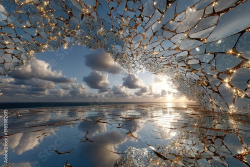 Broken mirror reveals serene seascape with sky, water, and sun