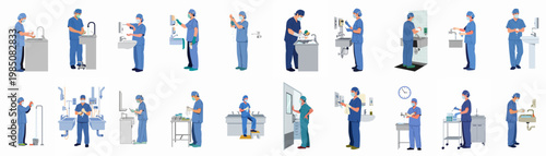 Comprehensive set of vector illustrations depicting medical professionals performing surgical hand scrubbing and hygiene procedures in a clinical hospital environment.