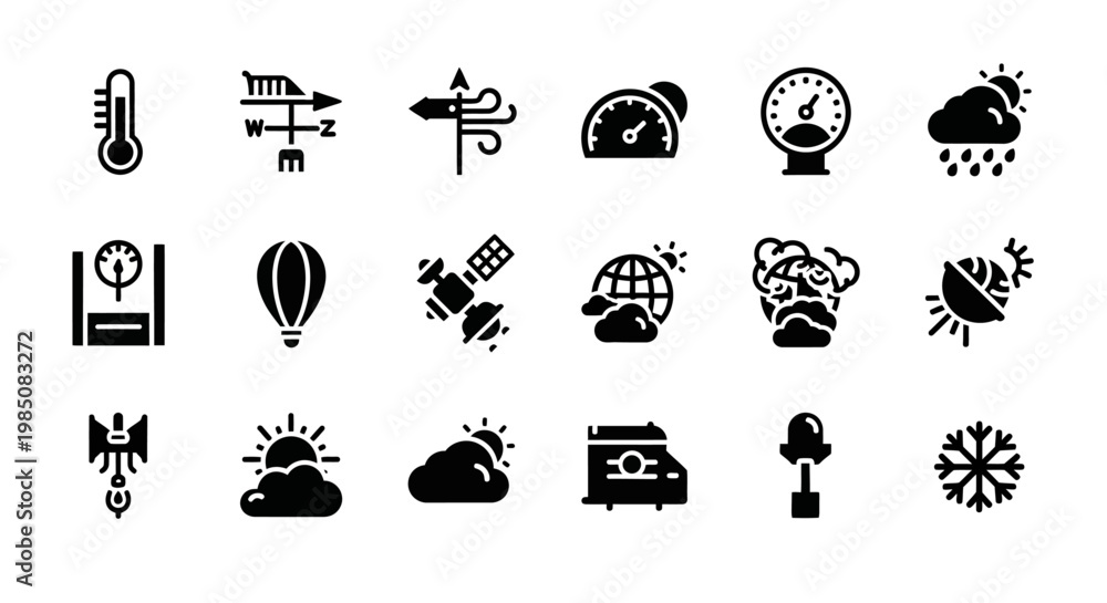 Fototapeta premium Weather icons, climate symbols, forecast signs, 20 black vector graphics