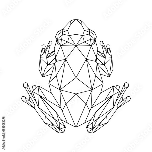 A minimalist low poly frog design featuring clean black lines on a white background. Perfect for tattoos, logos, or modern graphic design projects.