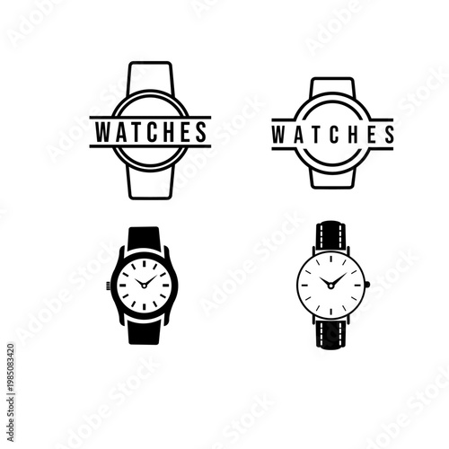 Watch Logo and Icon Set Vector Illustration. Minimalist Black and White Timepiece Designs for Branding, Fashion, and E-commerce.