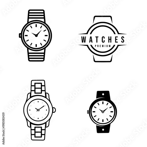 Watch Icons and Logos Vector Collection. Premium Timepiece Symbol Design Set. Black and White Minimalist Style.