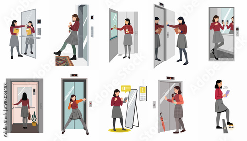 A collection of cartoon illustrations showing a woman in various scenes interacting with an elevator, mirrors, and digital displays in an office environment.