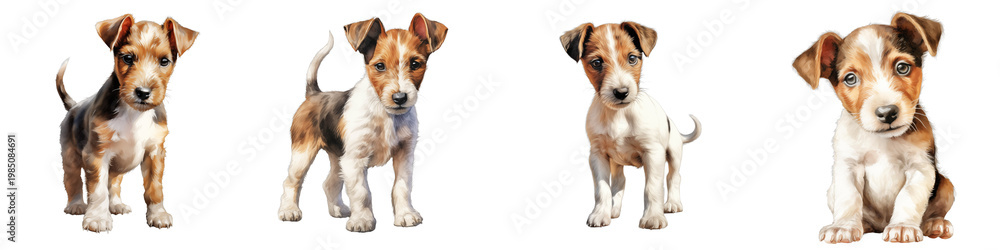 Fototapeta premium Four wire fox terrier puppies are standing in a row against a black background