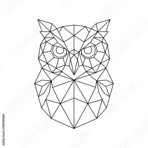 A minimalist low poly owl illustration featuring clean black geometric lines. Perfect for modern logos, tattoos, and contemporary graphic design projects.