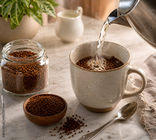 Hot water being poured into instant coffee cup with coffee granules on bright kitchen table