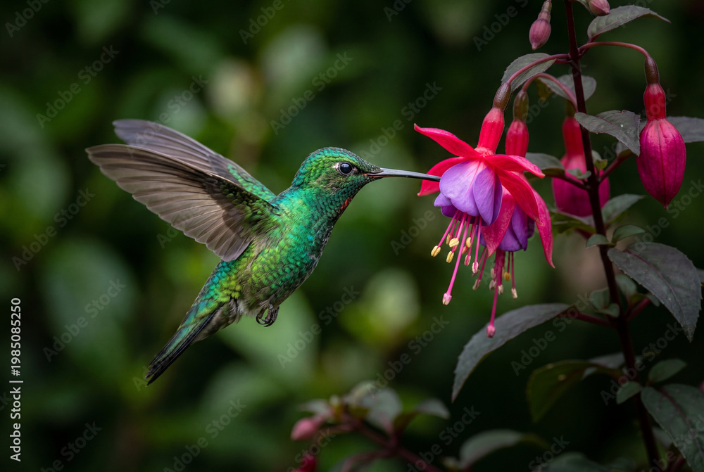 Fototapeta premium Green hummingbird with shimmering feathers hovering before a bright fuchsia flower