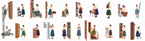 Flat Vector Illustration Set of a Female Librarian Performing Various Daily Tasks and Activities in a Library Environment