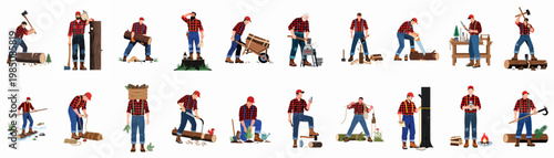 Collection of flat vector illustrations depicting a lumberjack character engaged in various forestry activities like chopping wood, sawing logs, and planting trees.