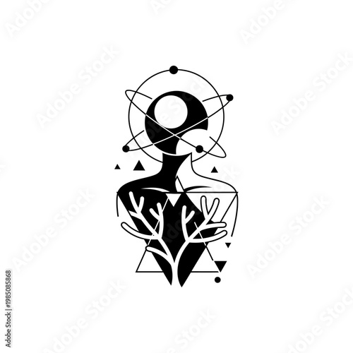 Abstract human figure with cosmic head and natural growth.