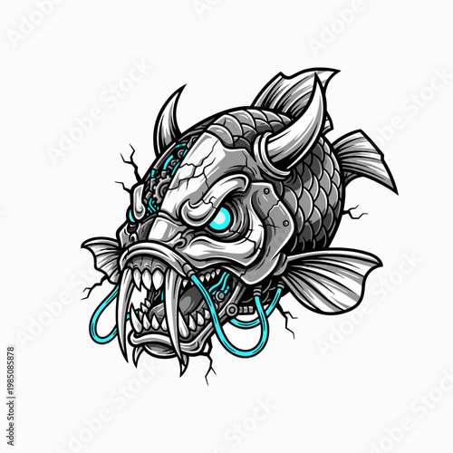 Cybernetic Koi Fish Head with Horns and Glowing Eyes.