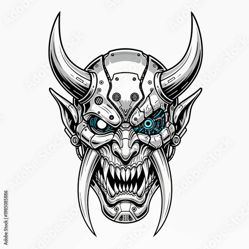 Cyberpunk Oni Mask with Glowing Eye and Horns.