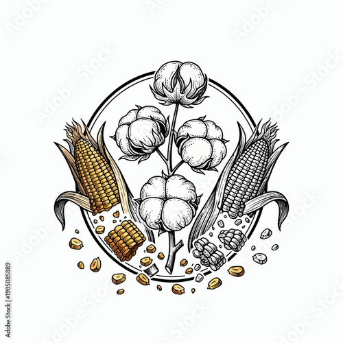 Cotton plant and corn cobs in a circular frame, harvest illustration.